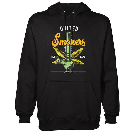 StonerDays United Smokers black hoodie front view with yellow cannabis leaf design