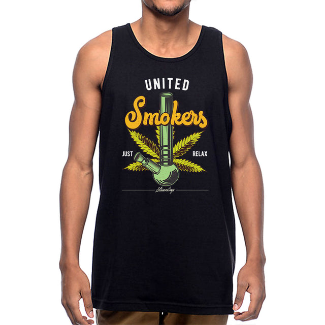 StonerDays United Smokers Tank top in black, front view on model, sizes S to 3XL, comfortable cotton