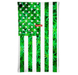 StonerDays USA flag-inspired green cannabis leaf neck gaiter, front view on white background
