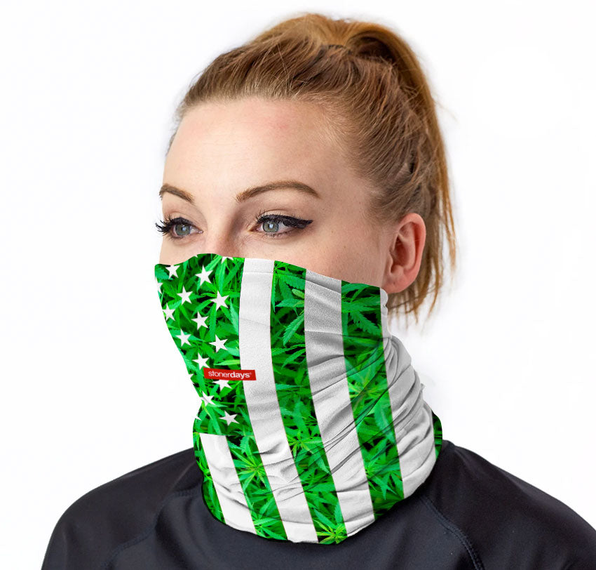 StonerDays USA Cannabis Flag Neck Gaiter in Green, Front View on Model