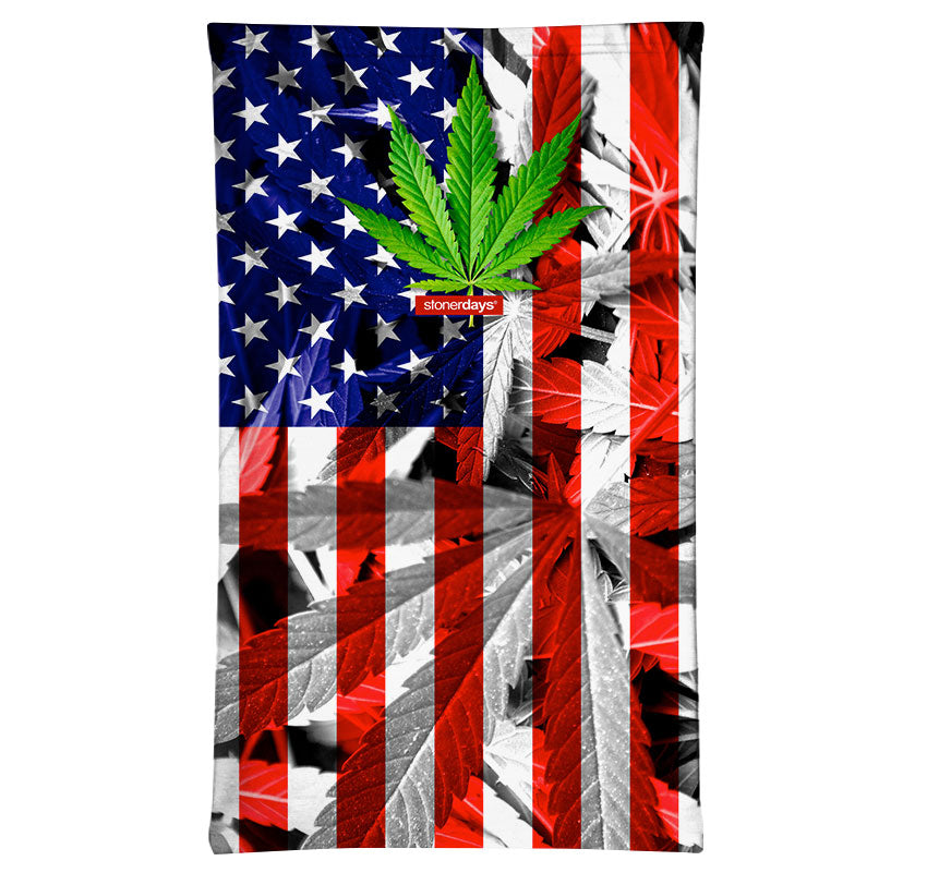 StonerDays Neck Gaiter featuring USA flag design with cannabis leaf, made of polyester, front view.