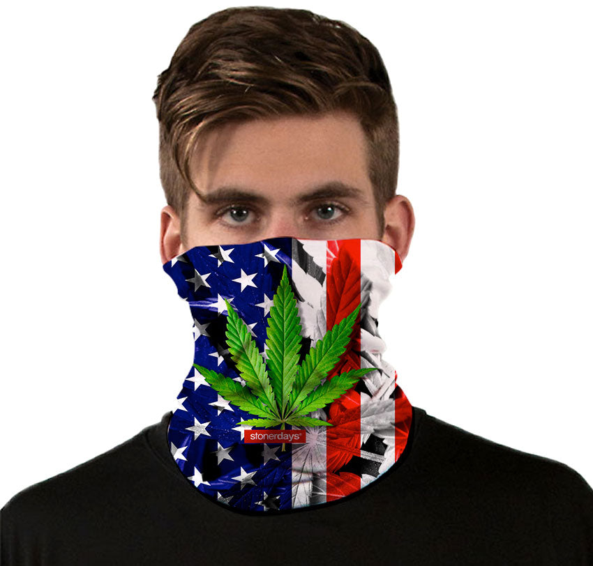 StonerDays Neck Gaiter with USA Flag and Cannabis Leaf Design, Comfortable Polyester