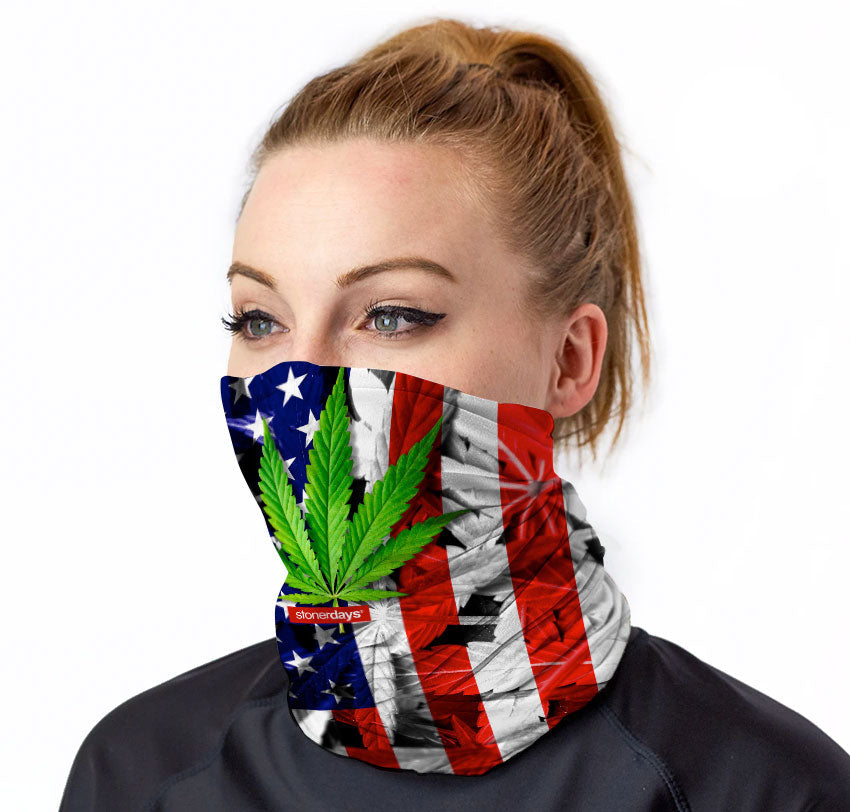 StonerDays USA flag-themed neck gaiter with cannabis leaf, front view on model