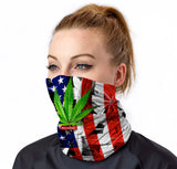 StonerDays USA flag-themed neck gaiter with cannabis leaf, front view on model