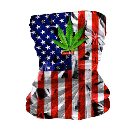 StonerDays Neck Gaiter featuring USA flag design with cannabis leaf, made from stretchy polyester