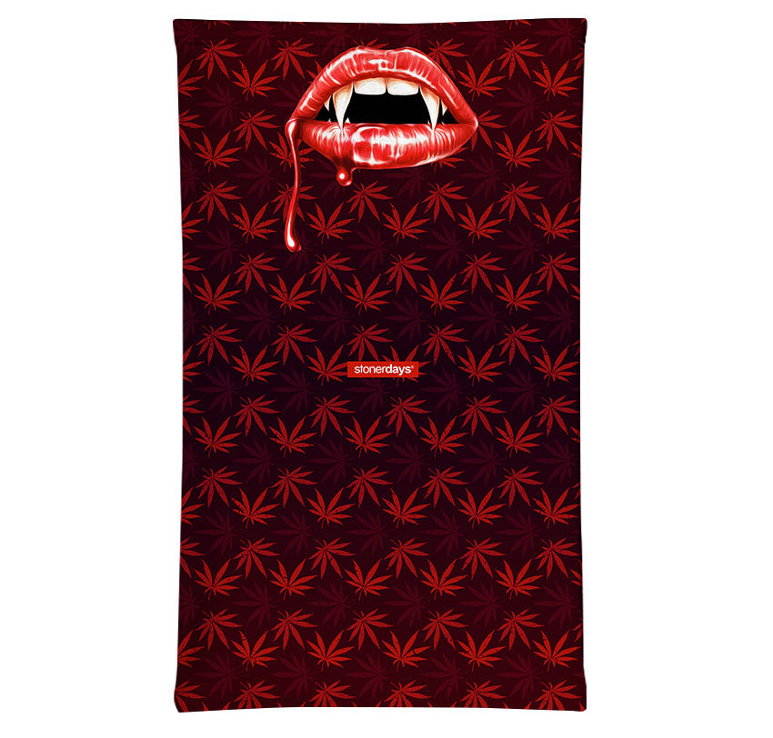 StonerDays Vampire Fangs Halloweed Neck Gaiter with red cannabis leaf pattern, front view