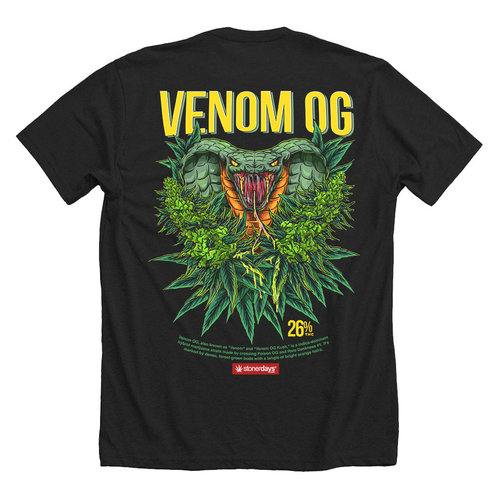 StonerDays Venom Og men's black t-shirt with green cannabis and snake design, size options available