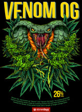 StonerDays Venom OG T-Shirt in green with bold cannabis and snake graphic design, size options from S to 3XL.