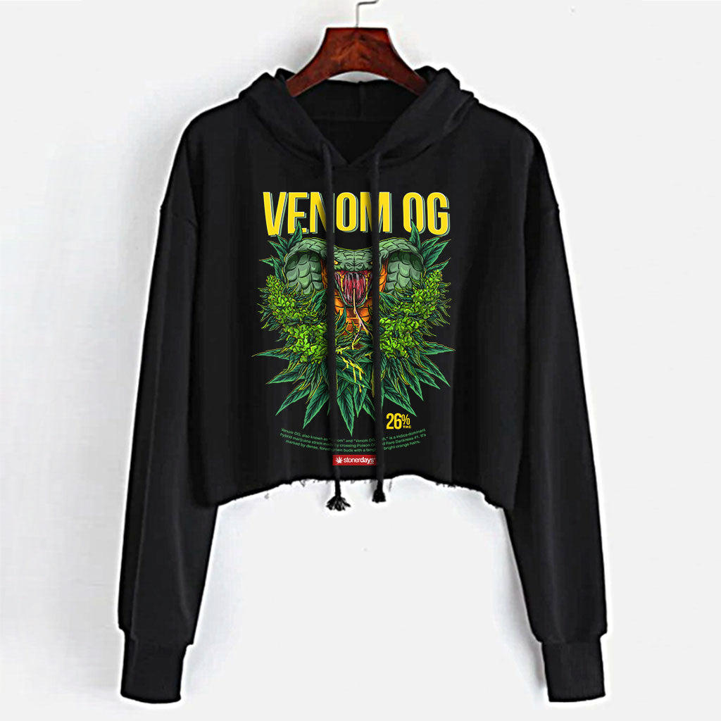 StonerDays Venom Og Crop Top Hoodie in black with green cannabis design, available in S to XL