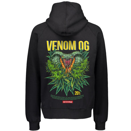 StonerDays Venom Og Hoodie in black with vibrant cannabis and snake graphic, rear view on white background