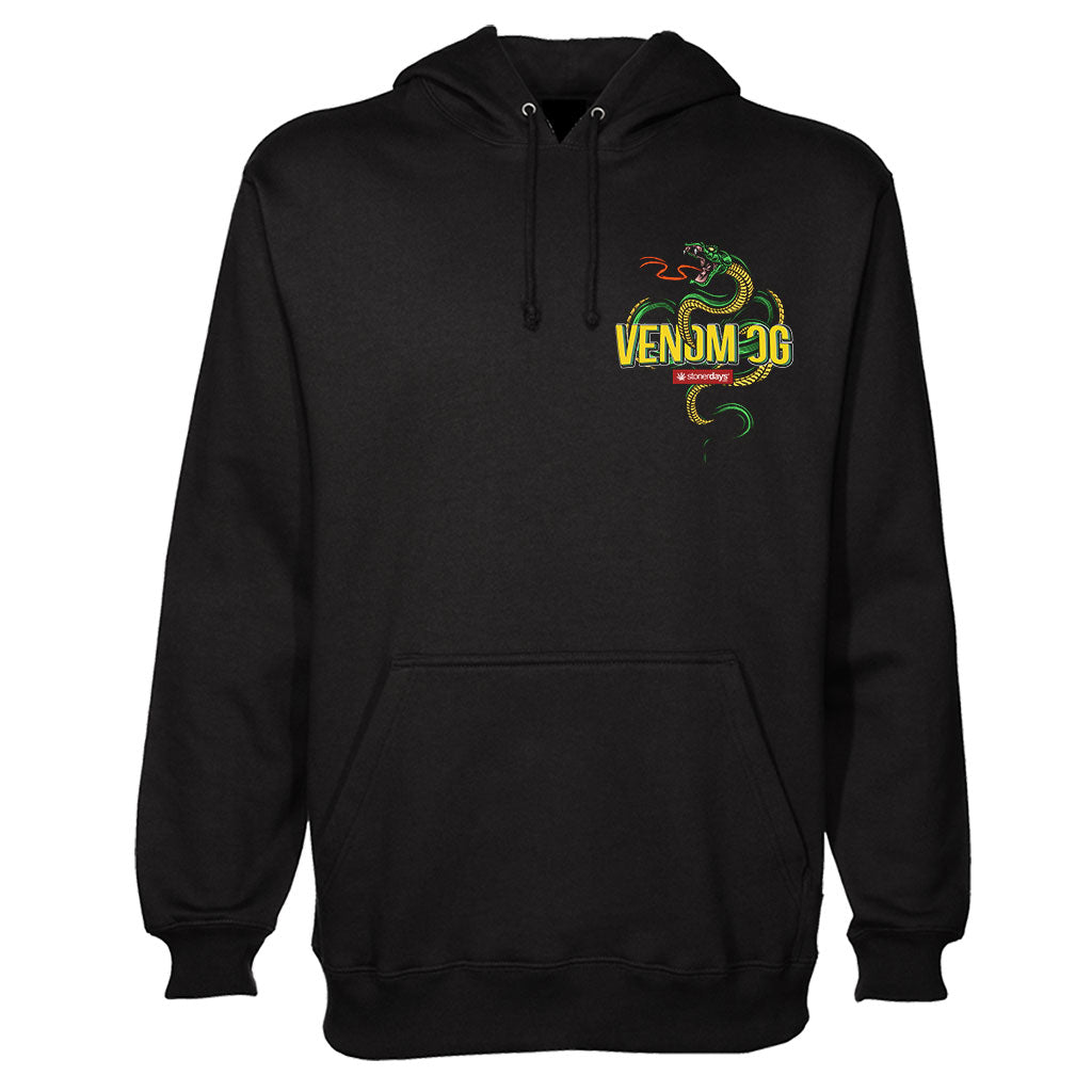 StonerDays Venom Og Hoodie in black, front view with vibrant green snake graphic
