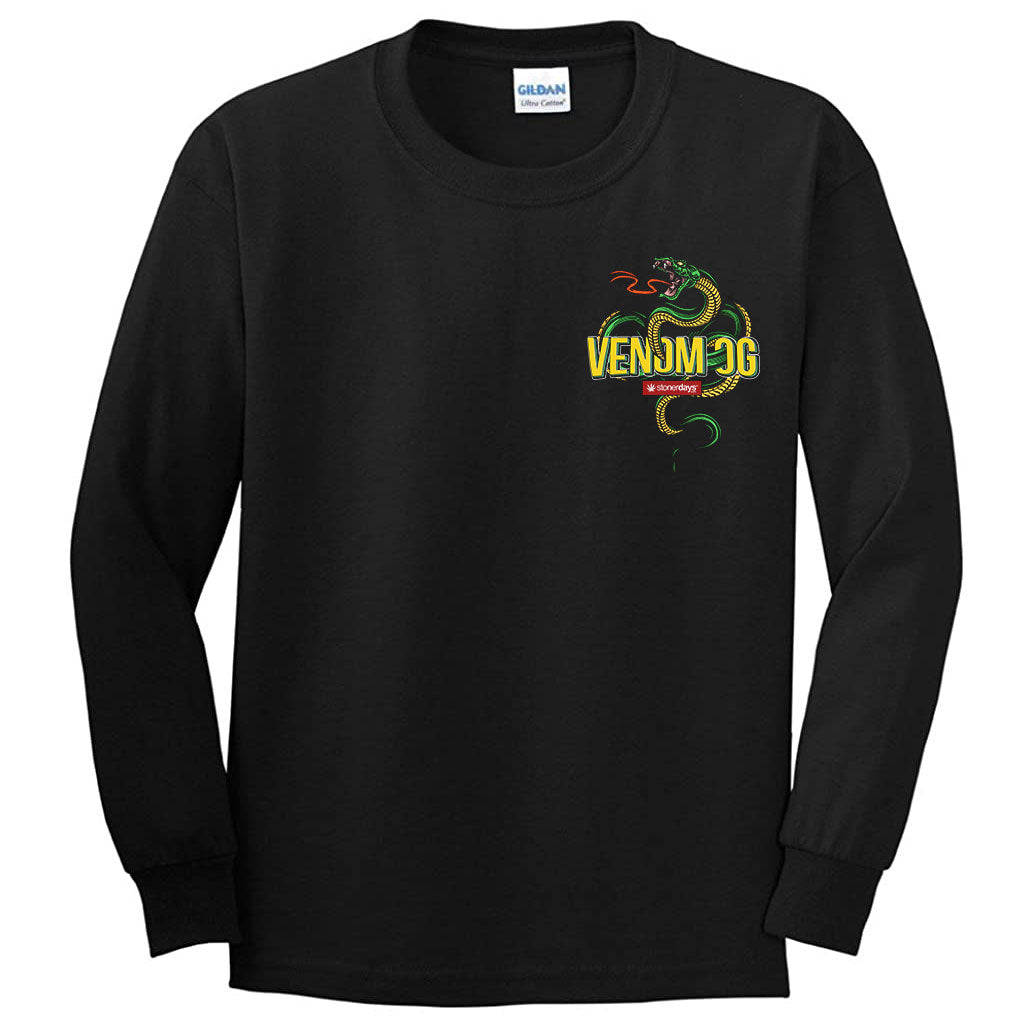 StonerDays Venom Og Long Sleeve shirt in black with green snake graphic, USA-made cotton, front view