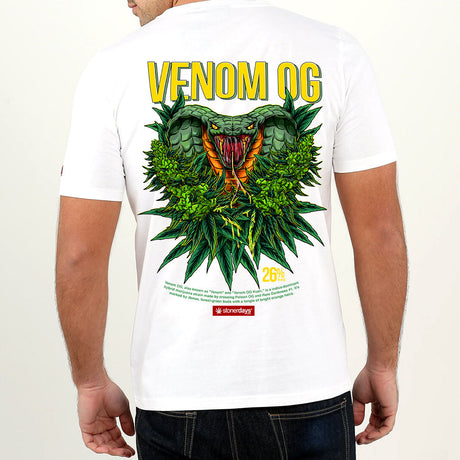 StonerDays Venom OG White Tee featuring bold cannabis-inspired graphic on back, made of cotton, size range S-3XL.