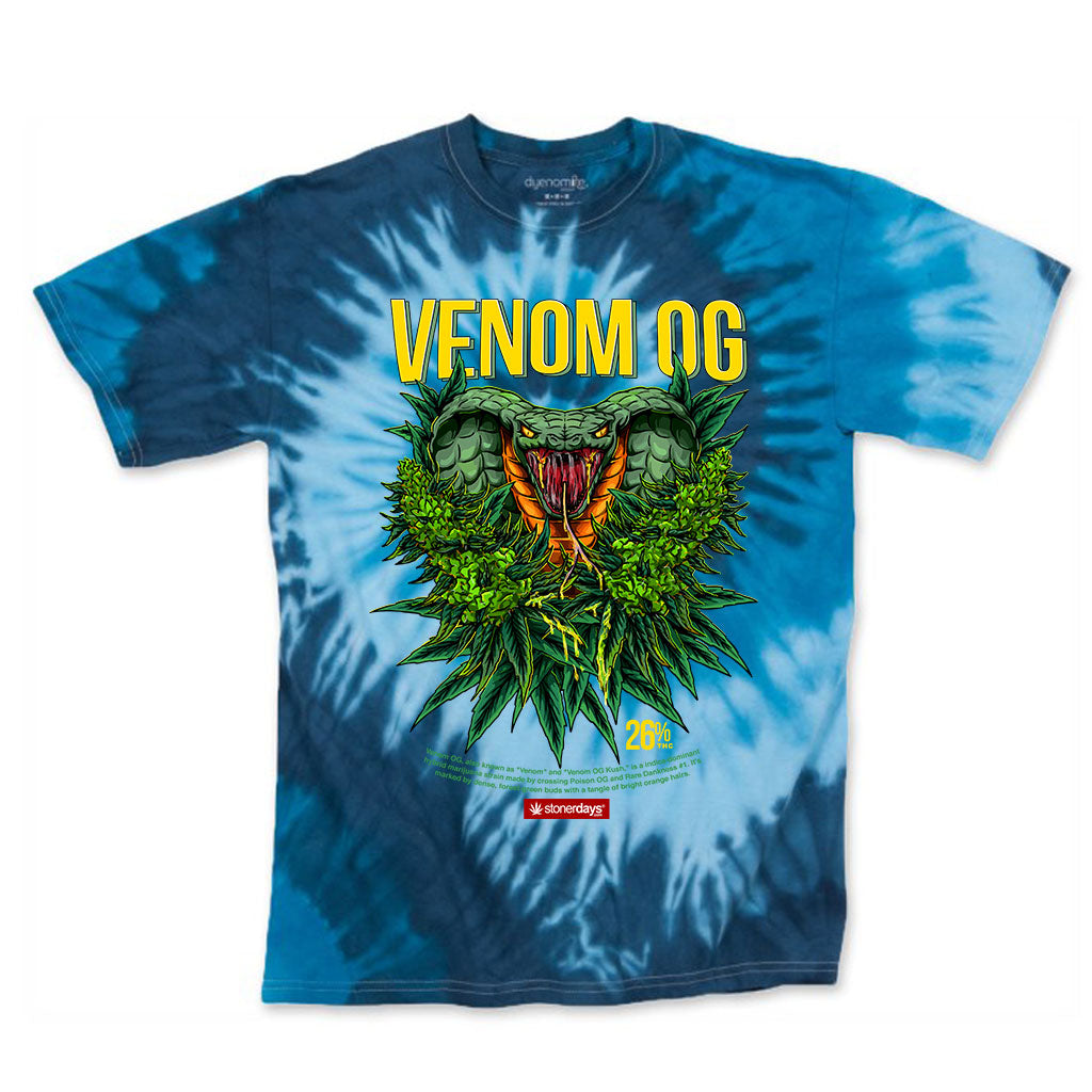 StonerDays Venom OG Blue Tie Dye T-Shirt, Front View on White Background