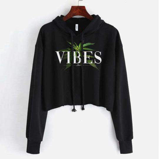 StonerDays Vibes Crop Top Hoodie in black with green leaf design, front view on white background