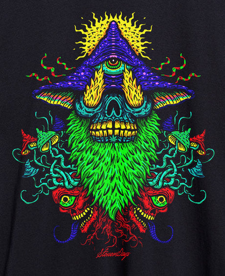 StonerDays Voodoo Magic Mushroom Trip Hoodie with vibrant psychedelic print on black cotton