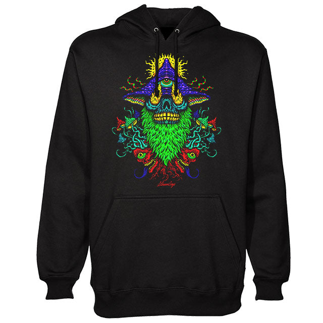 StonerDays Voodoo Magic Mushroom Trip Hoodie, Men's black cotton sweatshirt with colorful front print