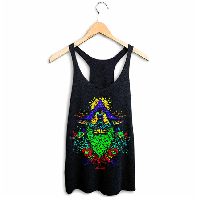 StonerDays Voodoo Magic Mushroom Trip Racerback tank top with vibrant print, front view on hanger