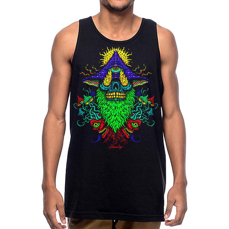 StonerDays Voodoo Magic Mushroom Trip Tank Top for Men, Front View on Model, Colorful Design on Black