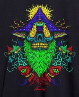 StonerDays Voodoo Magic Mushroom Trip Tee in black, featuring vibrant psychedelic print, close-up view.