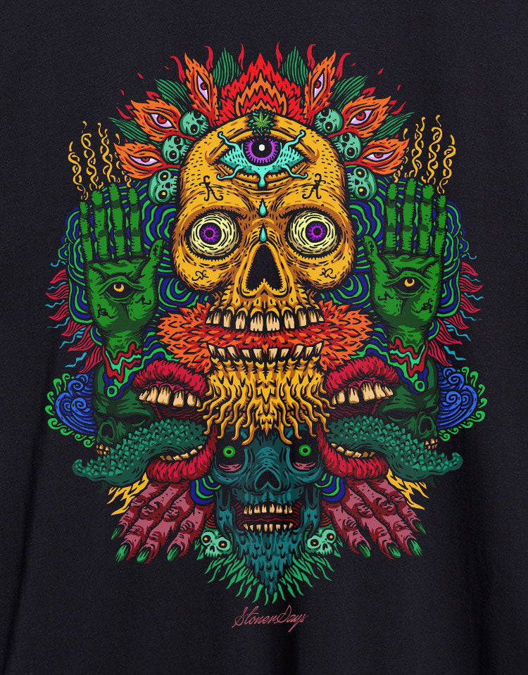 StonerDays Voodoo Mary Janes Spell Tee close-up, vibrant multi-color design on black cotton