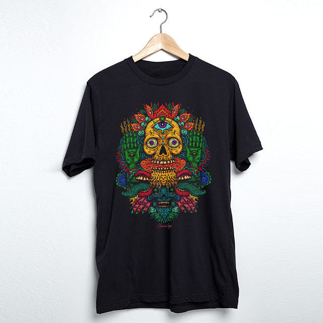 StonerDays Voodoo Mary Janes Spell Tee, black cotton t-shirt with colorful front print, hanging on wooden hanger