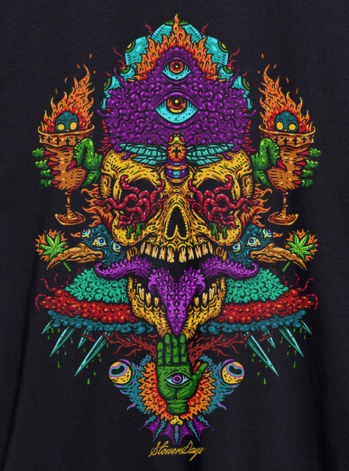 StonerDays Voodoo Vulcan God of Fire Hoodie with vibrant graphic print on black fabric