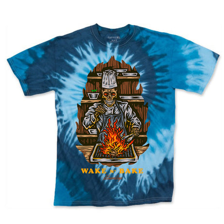 StonerDays Wake N Bake T-Shirt in Blue Tie Dye with Graphic Print, Front View
