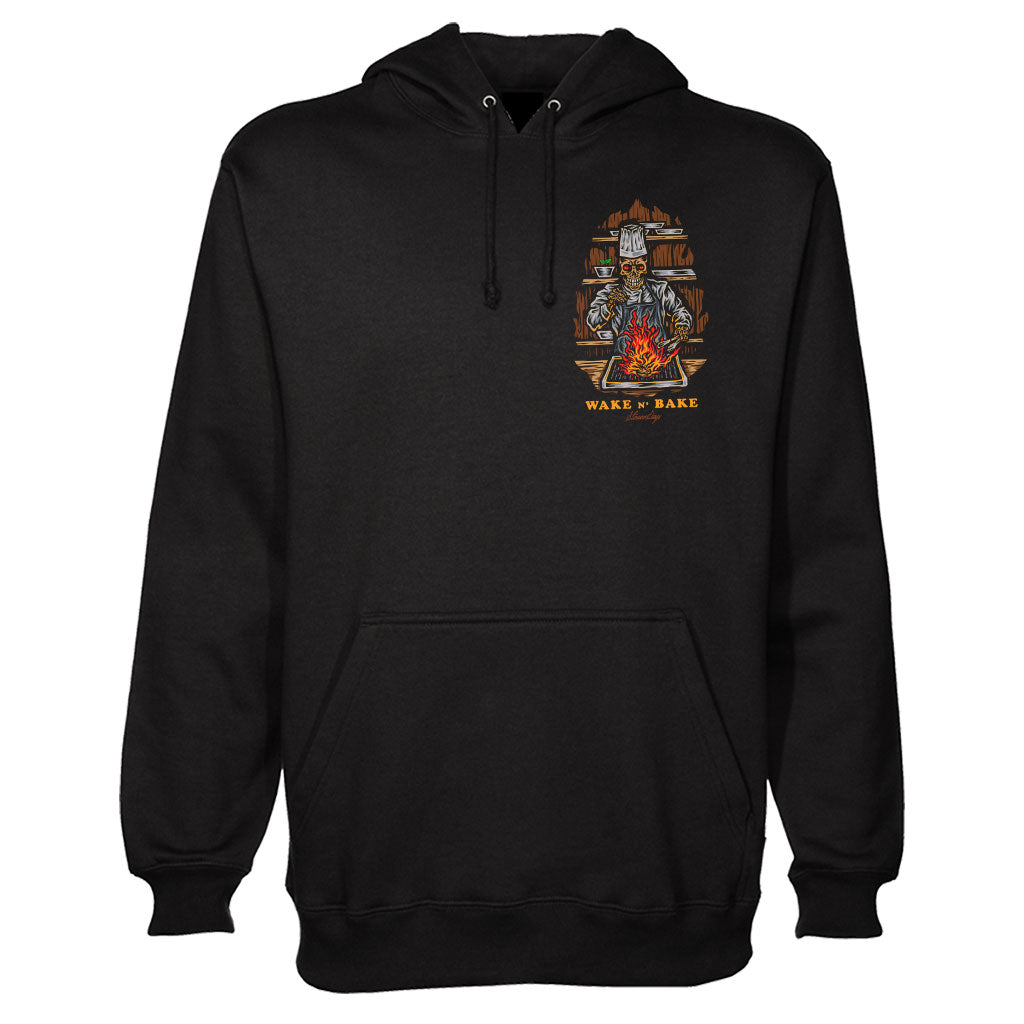 StonerDays Wake N Bake Hoodie in black cotton, front view with graphic design
