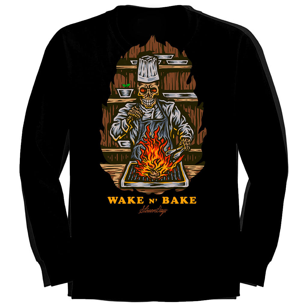 StonerDays Wake N Bake Long Sleeve Shirt in black cotton, front view with graphic print
