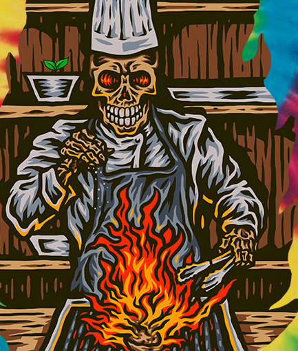 StonerDays Wake N Bake Rainbow Tie Dye T-Shirt with vibrant skeleton chef graphic