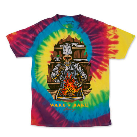 StonerDays Wake N Bake T-Shirt in Rainbow Tie Dye, Front View on White Background
