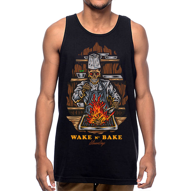 StonerDays Wake N Bake Tank top with vibrant print, front view on a male model, comfortable fit