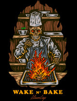 StonerDays Wake N Bake Tee featuring graphic of a skeleton chef with a flaming pan