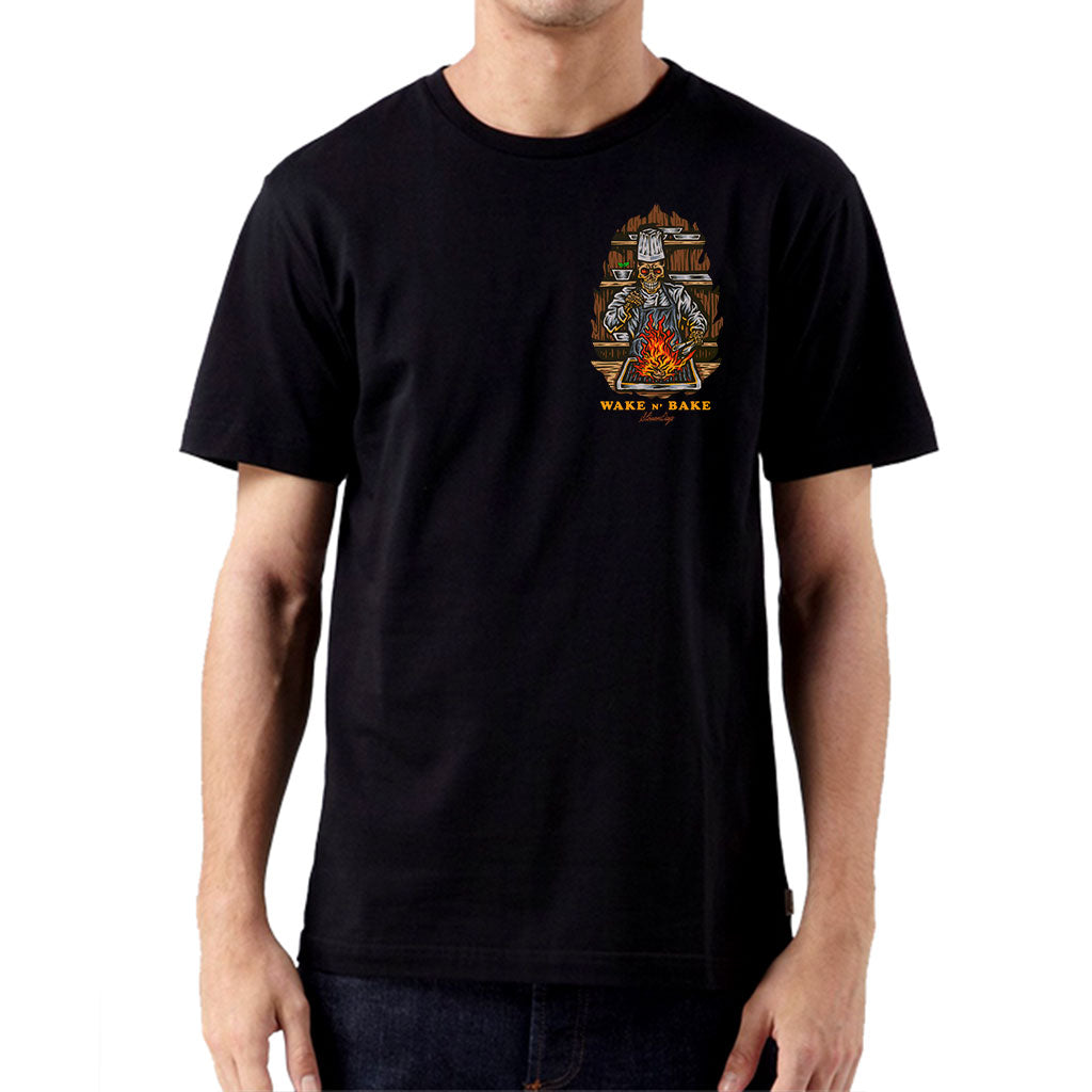 StonerDays Wake N Bake Tee in black cotton, front view on model with vibrant graphic print
