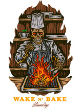StonerDays Wake N Bake White Tee graphic with a skeleton chef cooking over flames