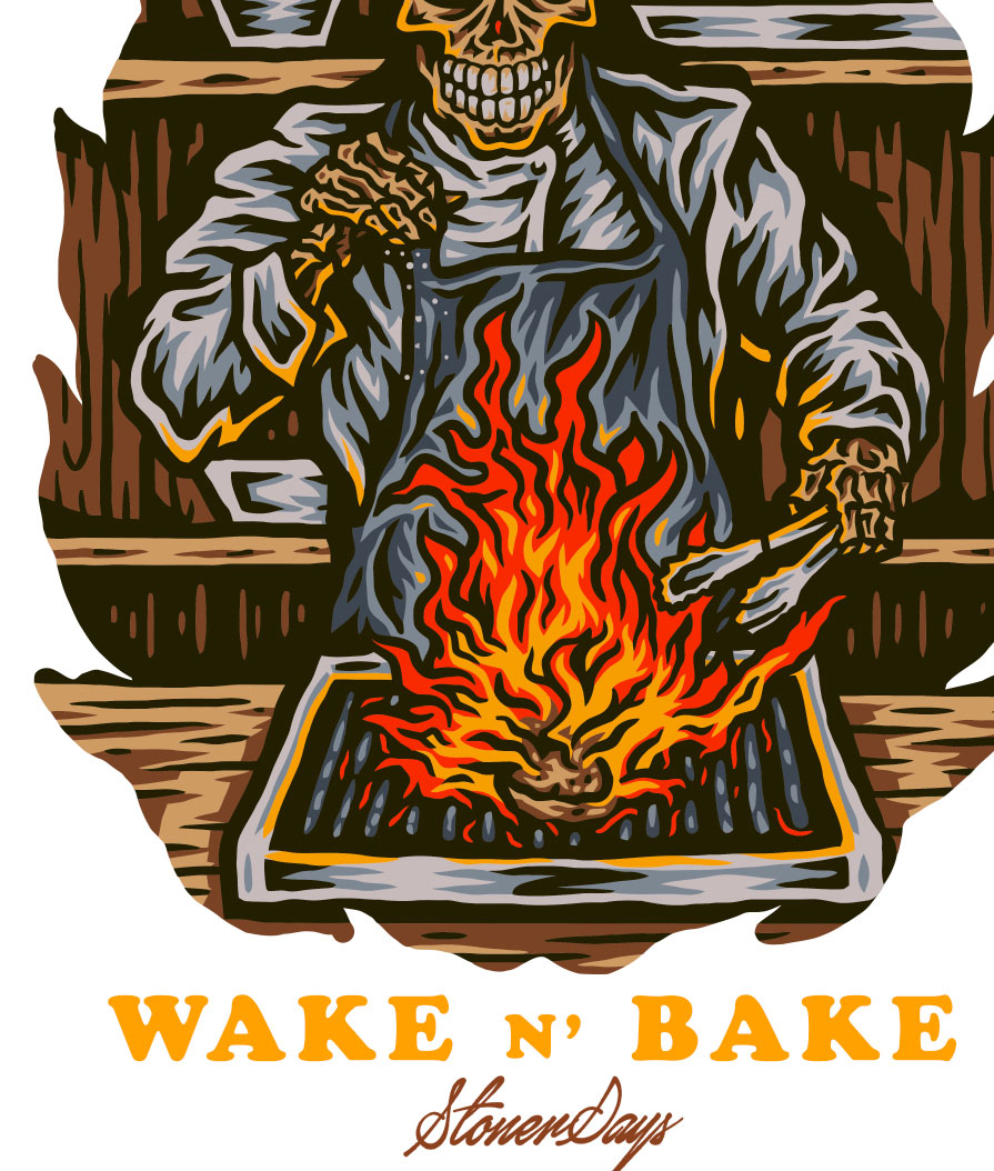 StonerDays Wake N Bake White Tee featuring a skeleton graphic with flaming grill, front view