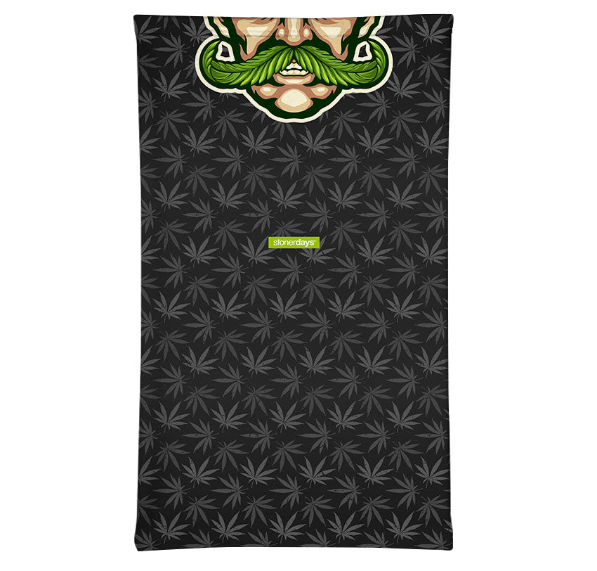 StonerDays Weedstache Neck Gaiter featuring cannabis leaf pattern and mustache design, front view.