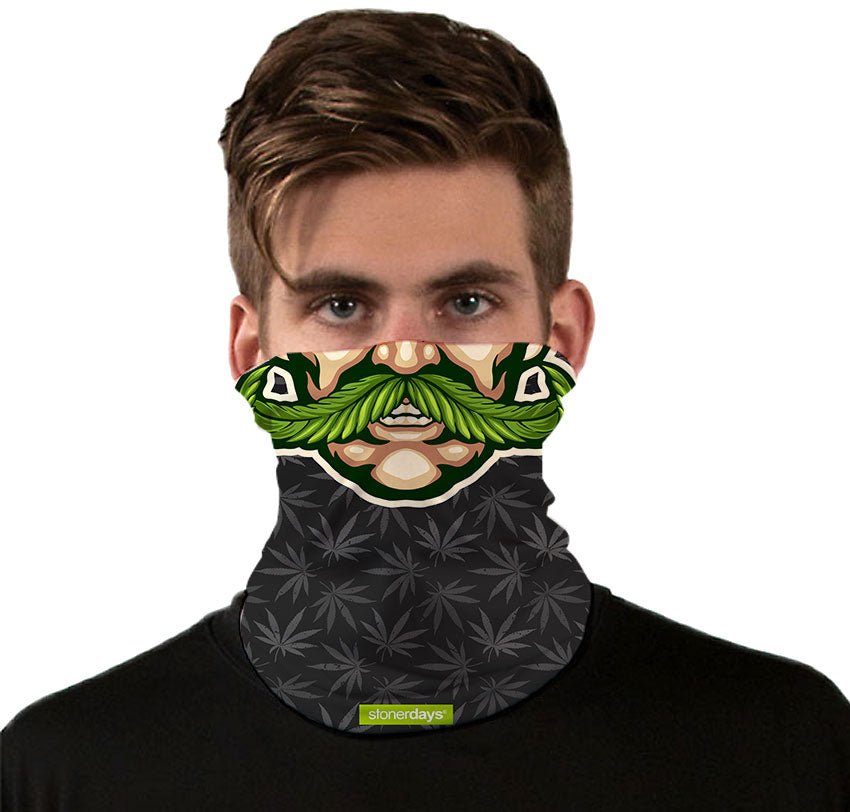 Front view of a person wearing StonerDays Weedstache Neck Gaiter with cannabis leaf design