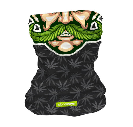 StonerDays Weedstache Neck Gaiter featuring a green mustache design on a black cannabis leaf pattern