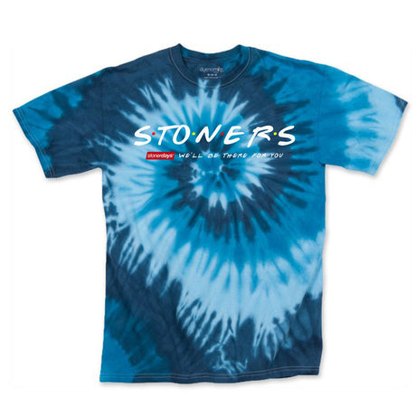StonerDays blue tie-dye t-shirt with 'We'll Be There For You' text, front view on white background