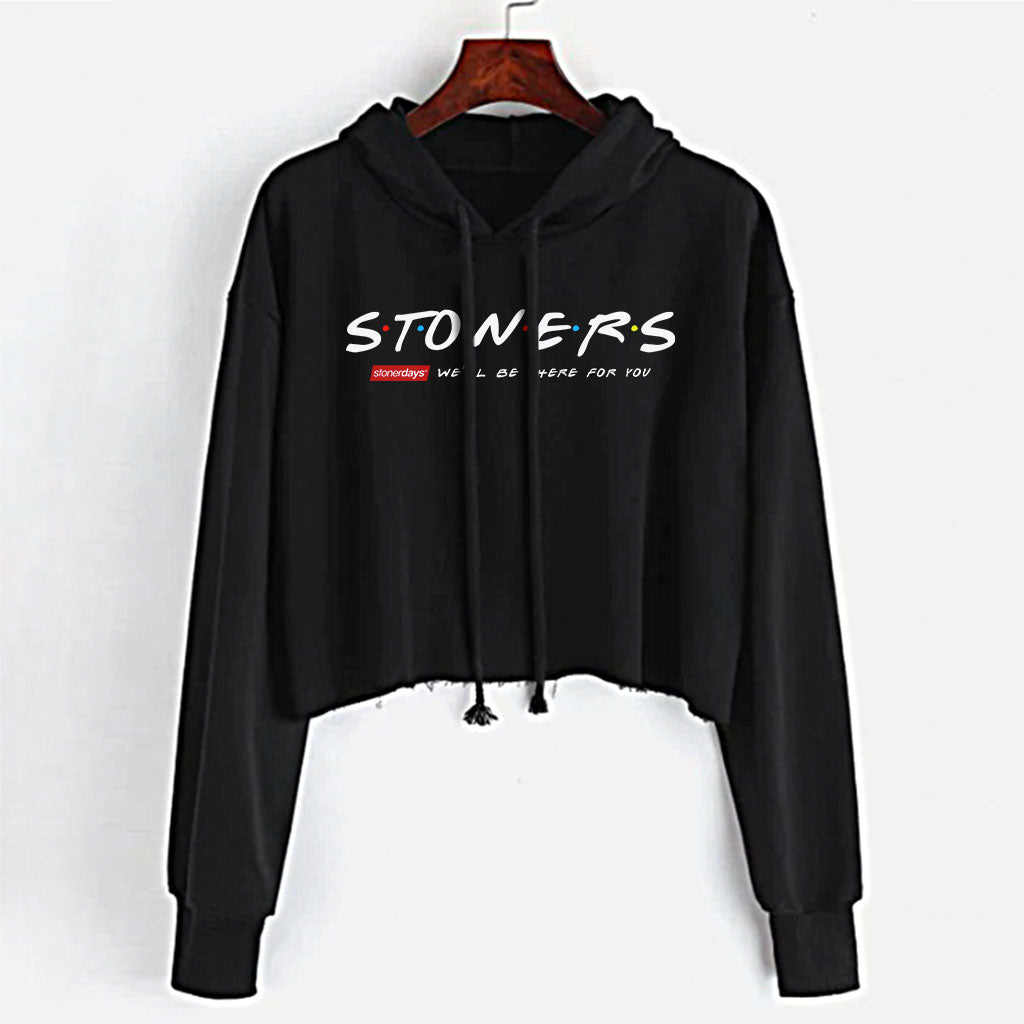 StonerDays black cotton crop top hoodie with 'We'll Be There For You' print, front view on hanger
