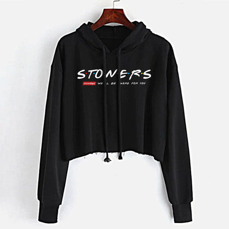 StonerDays black cotton crop top hoodie with 'We'll Be There For You' print, front view on hanger