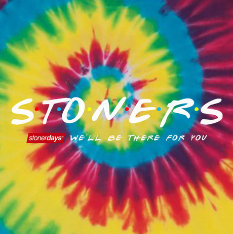 StonerDays 'We'll Be There For You' tie-dye t-shirt in vibrant green and red colors, front view