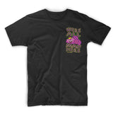 StonerDays 'We're All Mad Here' black cotton t-shirt front view with colorful print