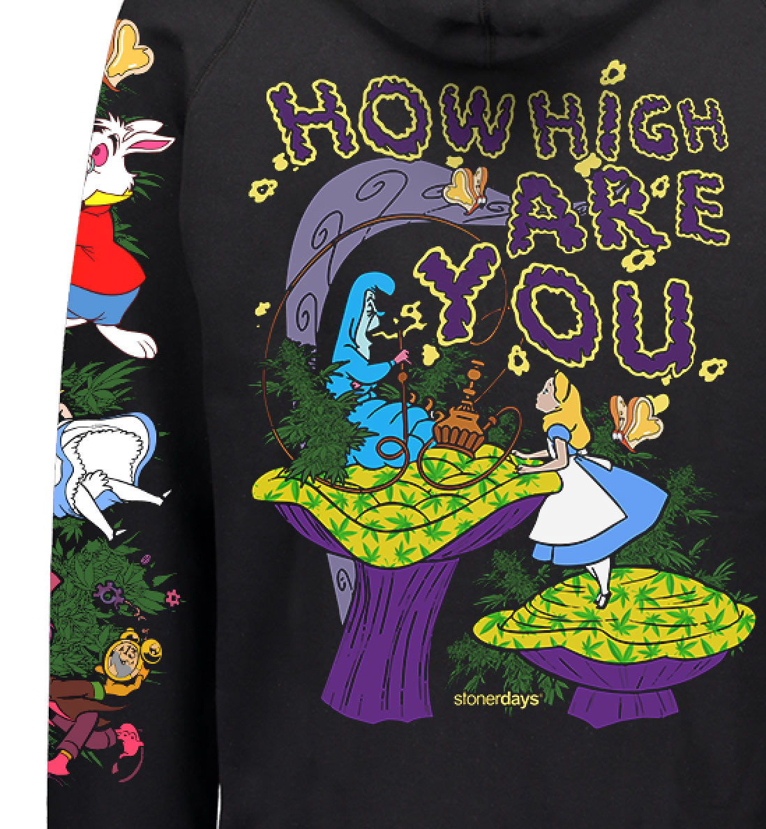 StonerDays 'We're All Mad Here' Hoodie in black with colorful Alice in Wonderland print