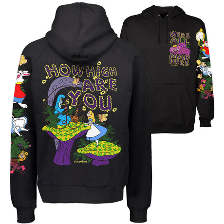 StonerDays 'We're All Mad Here' hoodie in black with colorful Alice in Wonderland graphics