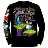 StonerDays black long sleeve shirt with 'How high are you' print, front view on white background