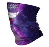 StonerDays 'We're All Mad Here' Neck Gaiter with Smiling Design, Galaxy Background - Side View