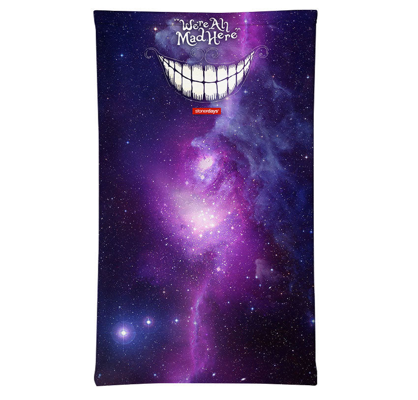StonerDays 'We're All Mad Here' Neck Gaiter with Smiling Design on Cosmic Background